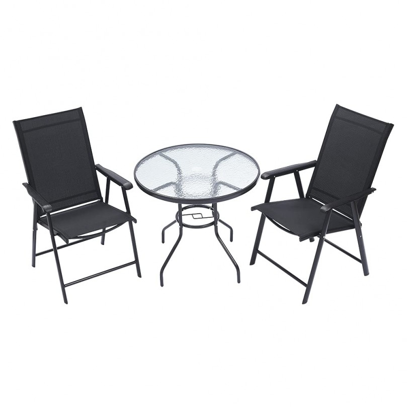 Garden Round Dining Table Black Tempered Glass Top Small Coffee Table with Metal Frame Conservatory Outdoor Patio Poolside Furniture 60 * 72cm