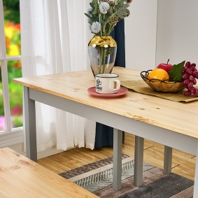 Solid Pine Wooden Dining Set Table and 2 Bench-- Natural Grey Color