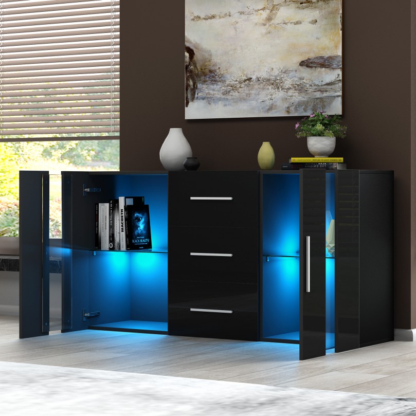 Sideboard Modern Living Room Cupboard Unit Cabinet Furniture 2 Doors 3 Drawers With White LED light LxDxH 53.15x12.6x27.56 inch