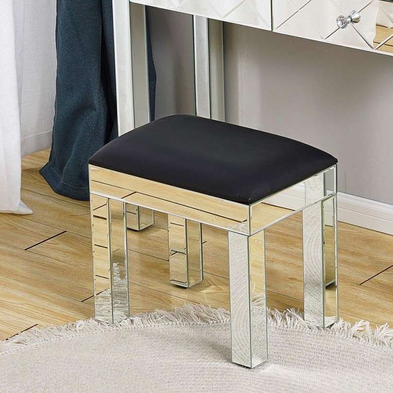 Mirrored Makeup Desk Dressing Table Cushioned Stool Chair Furniture Glass Bedroom Mirror Faux Leather Padded