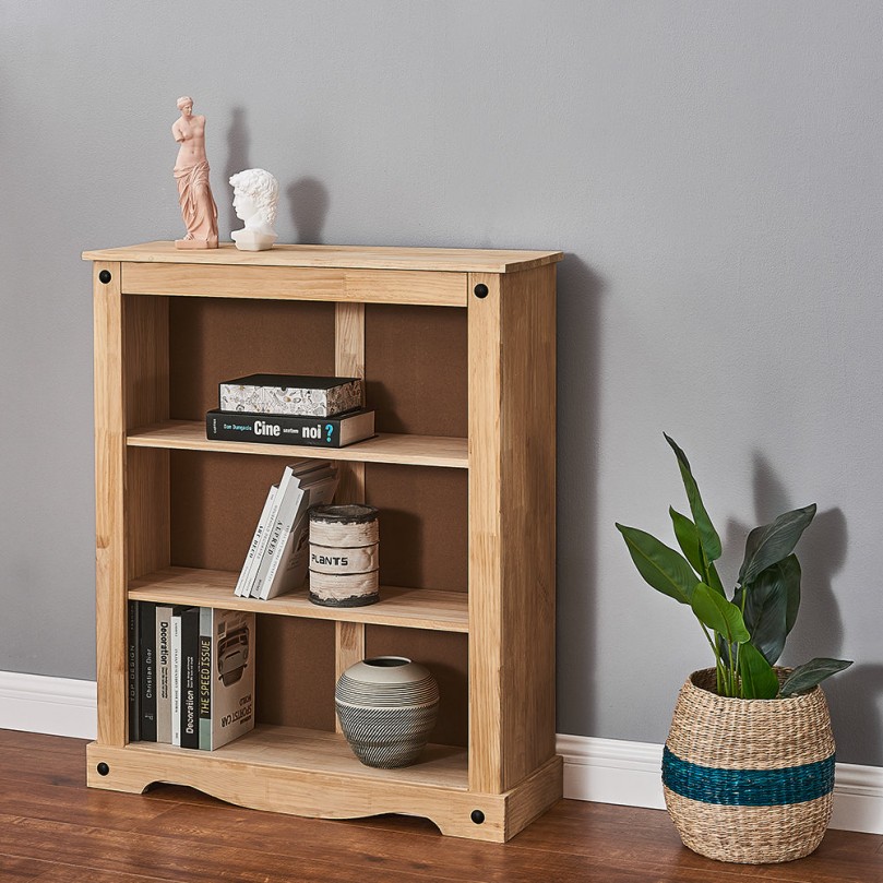 Mexican Solid Waxed Pine Low Profile Bookshelf with 3 Shelves