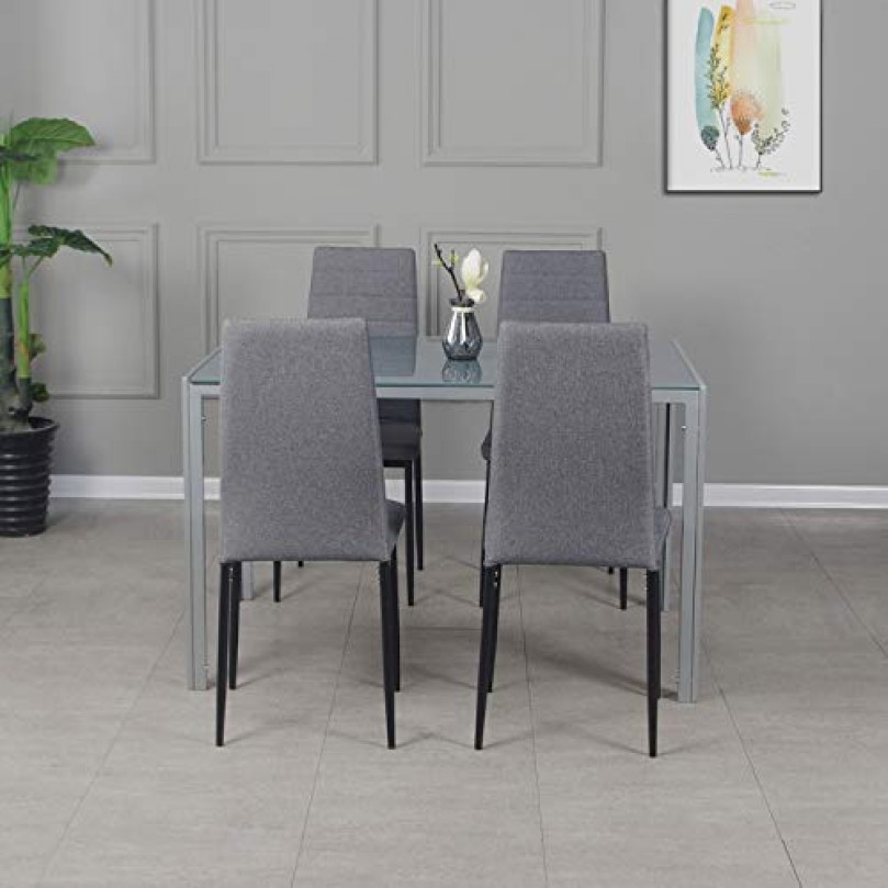 Modern Gorgeous 105cm Glass Dinning Table with 4 Linen Grey Dinning Chairs Set - Custom Alt by Opencart SEO Pack PRO
