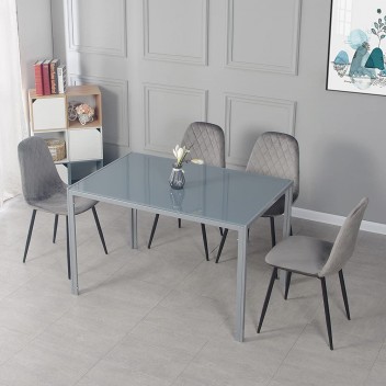 Modern Gorgeous 105CM Glass Dinning Table with 4PCS Grey Velvet Fabric Dining Chairs Set