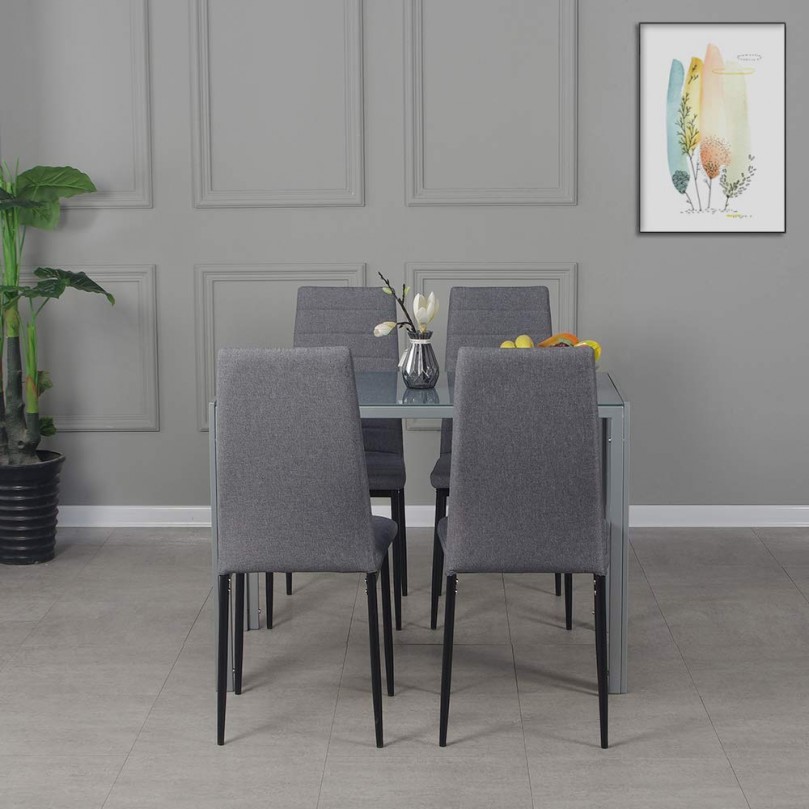 Modern Gorgeous 105cm Glass Dinning Table with 4 Linen Grey Dinning Chairs Set - Custom Alt by Opencart SEO Pack PRO