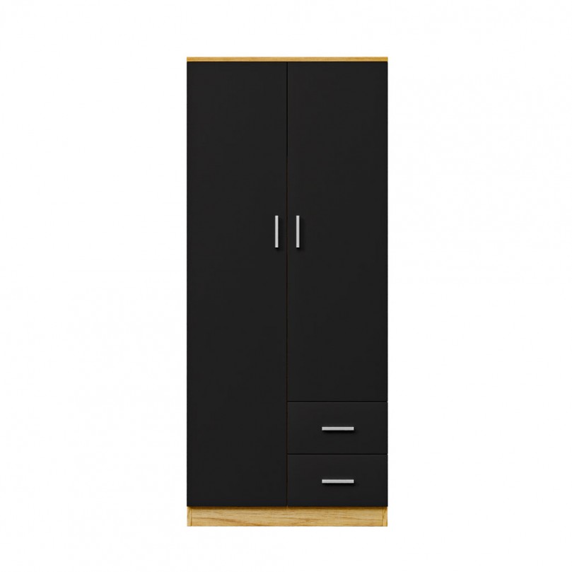 180cm 50 2 Door 2 Drawer Wardrobe with Shelf and Hanging Rail Wooden Clothes Storage Cupboards Unit for Bedroom Furniture 77 Black 