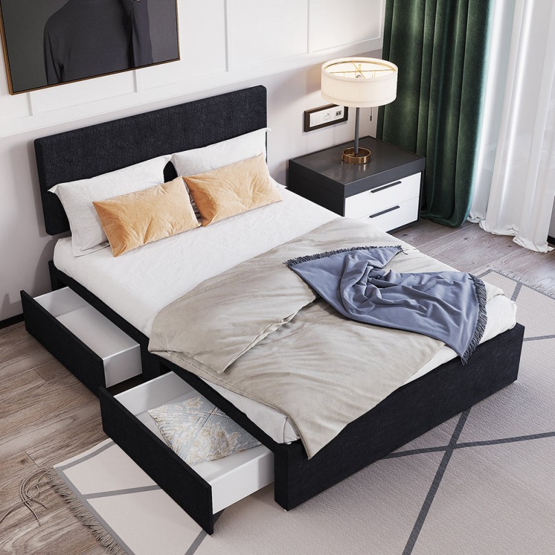 Double Bed Frame Divan Bed, Black Linen Fabric Storage Bed Base with Headboard and Drawers 4FT6 Double Bed Double Bed Frame Divan Bed, Black Linen Fabric Storage Bed Base with Headboard and Drawers 4FT6 Double Bed - Custom Alt by Opencart SEO Pack PRO