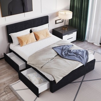 Single Bed Frame Divan Bed, Black Linen Fabric Storage Bed Base with Headboard and Drawer 3FT Single Bed