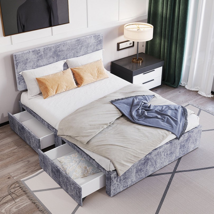 Double Bed Frame Divan Bed, Grey velvet Fabric Storage Bed Base with Headboard 4FT6 Double Bed 137*190cm