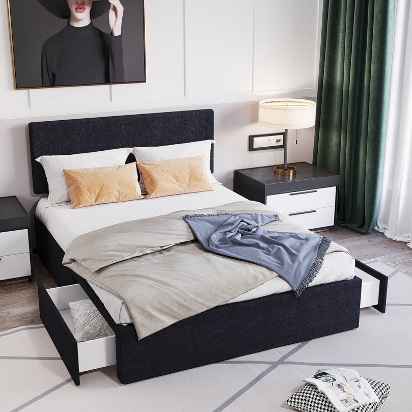 Double Bed Frame Divan Bed, Black Linen Fabric Storage Bed Base with Headboard and Drawers 5FT Kingsize Double Bed Double Bed Frame Divan Bed, Black Linen Fabric Storage Bed Base with Headboard and Drawers 5FT Kingsize Double Bed