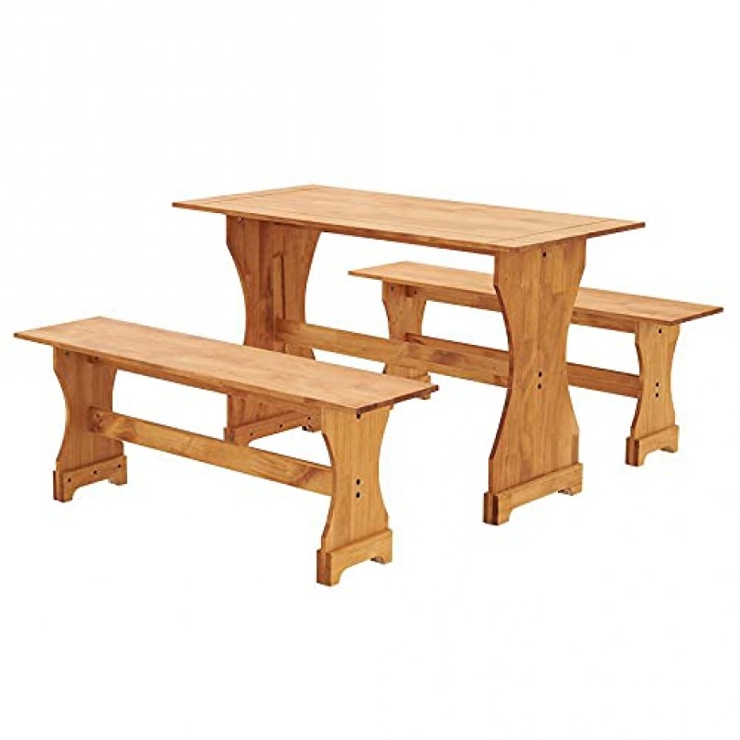 Solid Pine Wood Dining Table Set with 2 Long Bench Chair Mexican Style for Kitchen Dining Room W 120 x D 60 x H 75cm - Custom Alt by Opencart SEO Pack PRO