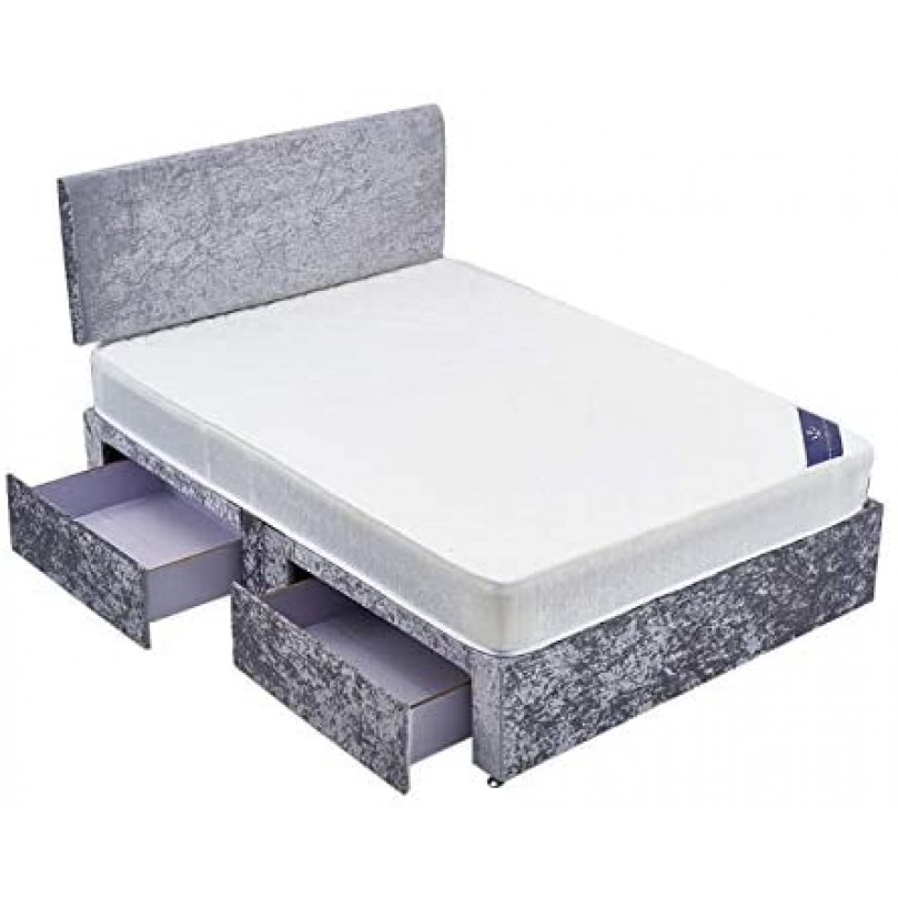 Single Bed Frame Divan Bed, Grey Velvet Fabric Storage Bed Base with Headboard 3FT Single Bed 90*190cm