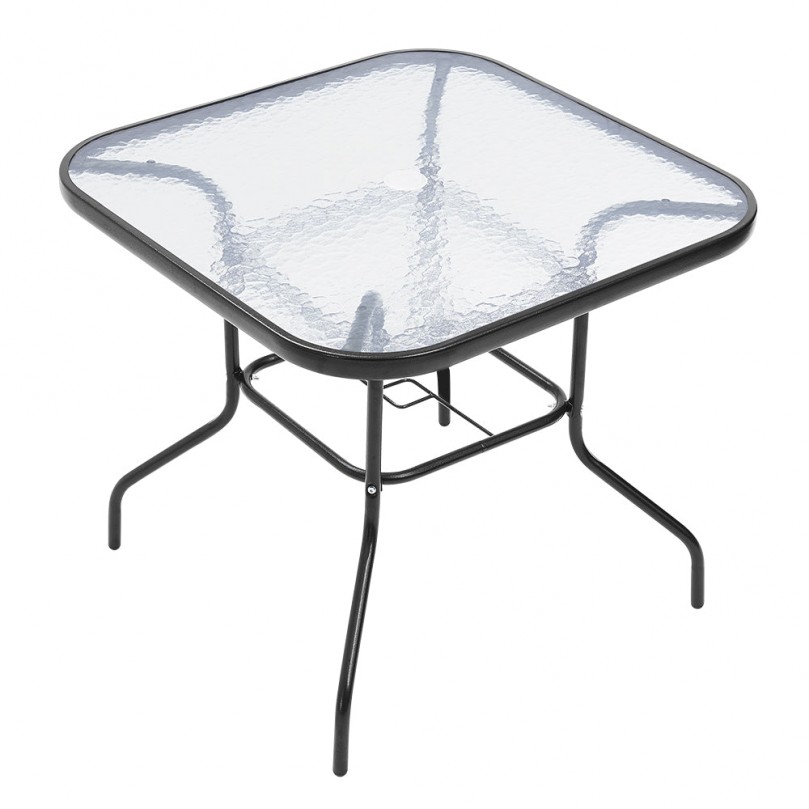 80cm Square Garden Dining Table Tempered Glass Top Metal Frame Outdoor Coffee Table Parasol Umbrella Stand Hole Patio Balcony Backyard Lawn Black