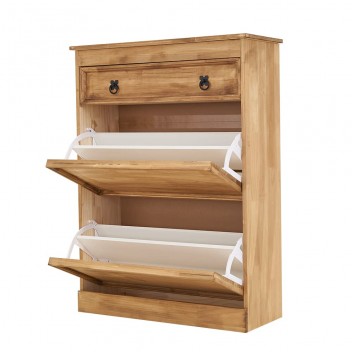 Shoe Cabinet for Entryway, Pine Wood Shoe Rack Storage Organizer with 1 Drawers & 2 Flip Doors Adjustable Shelf Freestanding Entryway Cabinet