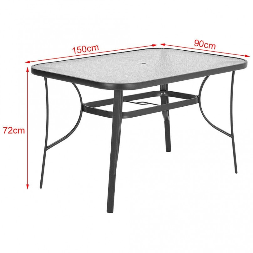 Garden Dining Table Tempered Glass Top Metal Frame Coffee Table with Parasol Hole Conservatory Outdoor Patio Poolside Furniture 150 * 90 * 72cm