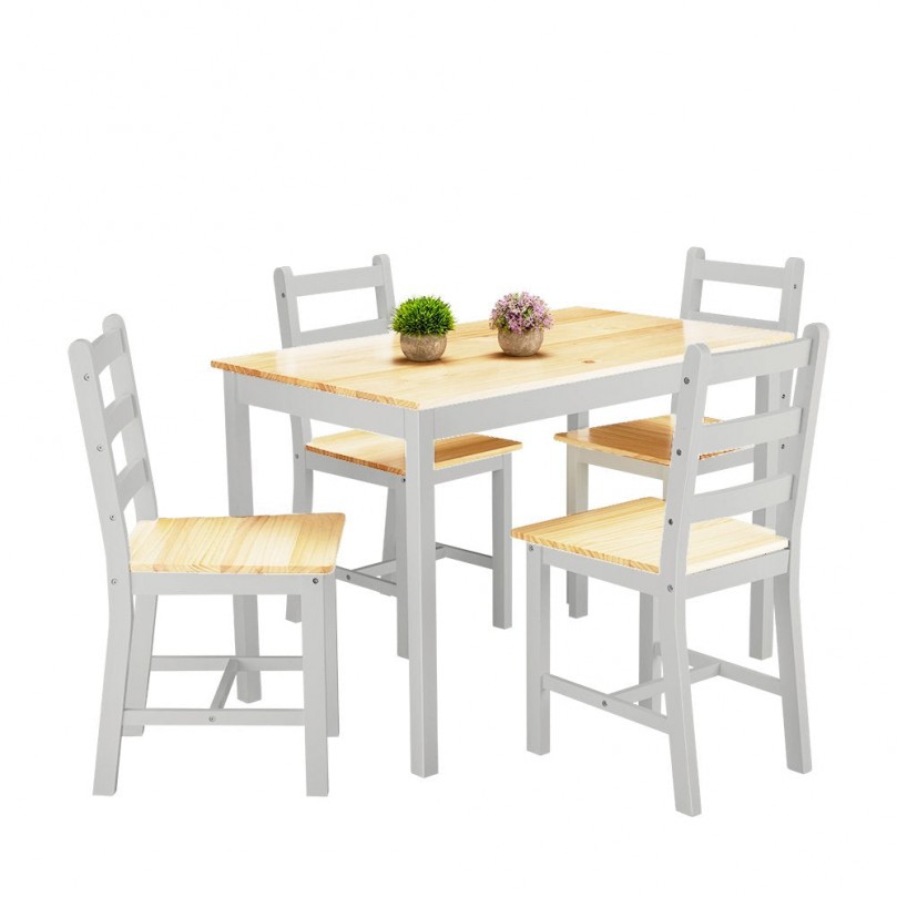 Home Solid Pine Wood Dining Table Set with 4 Chairs Furniture Set Kitchen Dining Room Natural Pine
