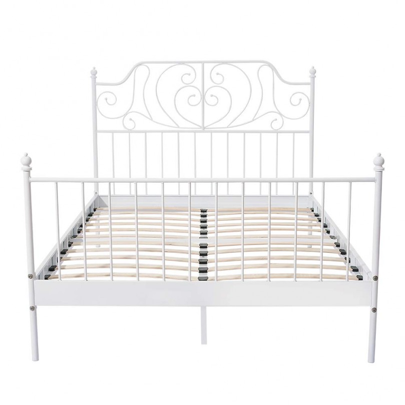 Tall Headboard Double Metal Bed Frame in White - ELagent Design with Wooden Slats