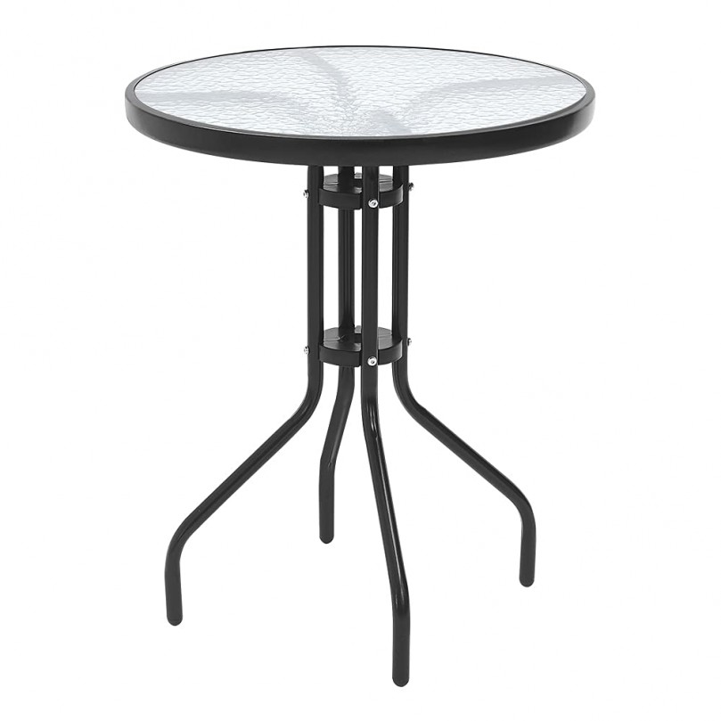 Garden Round Dining Table Black Tempered Glass Top Small Coffee Table with Metal Frame Conservatory Outdoor Patio Poolside Furniture 60 * 72cm