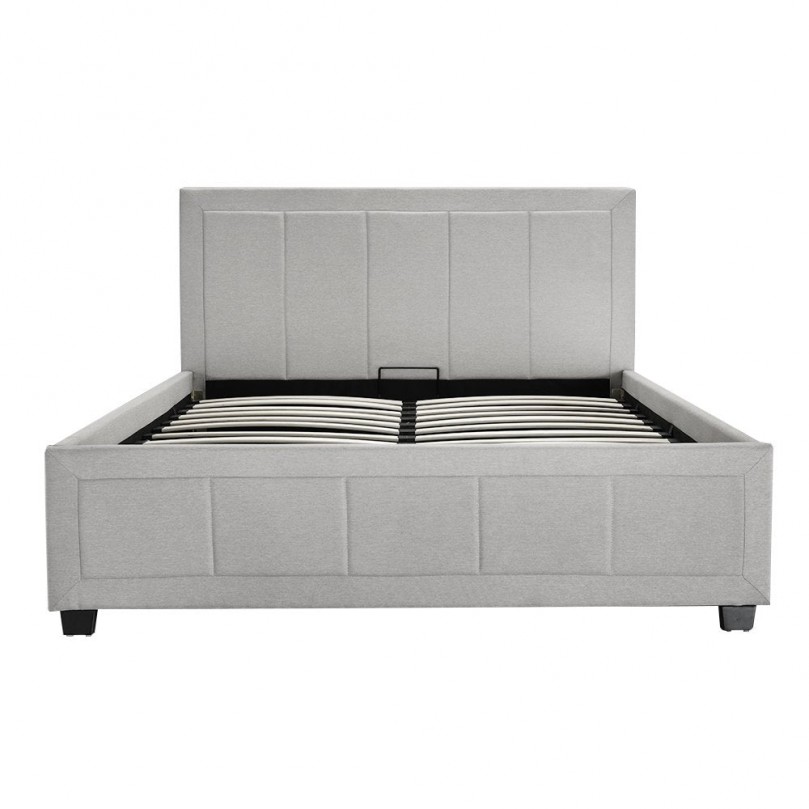 Gaslift Fabric Wood Bed Frame with Storage Ottoman Double Bed Light Grey