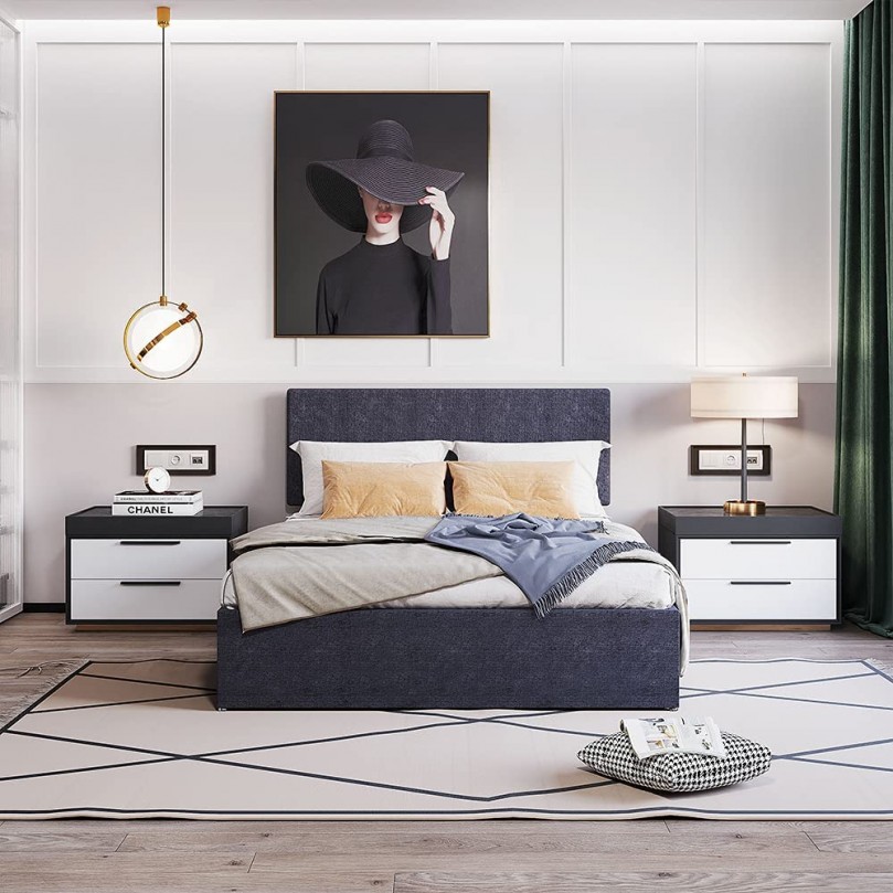 Double Bed Frame Divan Bed, Black Linen Fabric Storage Bed Base with Headboard and Drawers 4FT6 Double Bed Double Bed Frame Divan Bed, Black Linen Fabric Storage Bed Base with Headboard and Drawers 4FT6 Double Bed - Custom Alt by Opencart SEO Pack PRO
