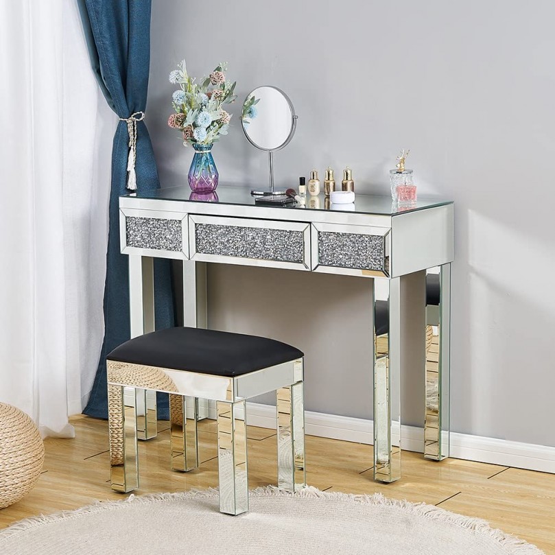 Mirrored Desk,Makeup Vanity Table Mirrored Dressing Table Furniture Glass With Drawer Console Bedroom Study Home Office 100 * 36 * 78cm (L * W * H)