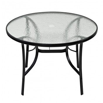Garden Round Dining Table Tempered Glass Top Metal Frame Coffee Table with Parasol Hole Conservatory Outdoor Patio Poolside Furniture 105 * 72cm