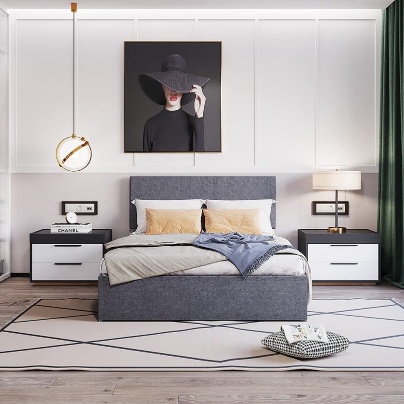 Double Bed Frame Divan Bed, Grey Linen Fabric Storage Bed Base with Headboard 5FT Kingsize Double Bed Double Bed Frame Divan Bed, Grey Linen Fabric Storage Bed Base with Headboard 5FT Kingsize Double Bed