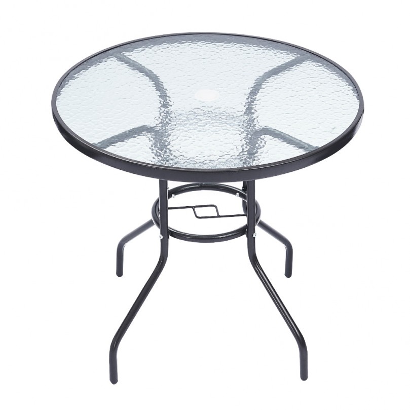 80cm Square Garden Dining Table Tempered Glass Top Metal Frame Outdoor Coffee Table Parasol Umbrella Stand Hole Patio Balcony Backyard Lawn Black