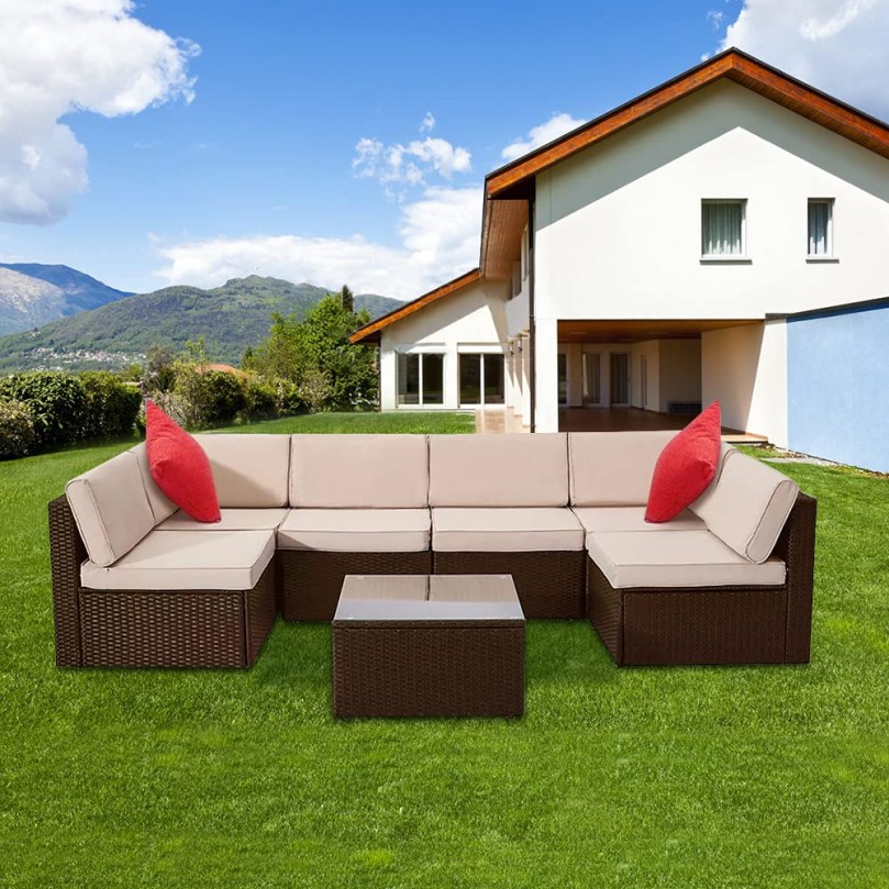 Rattan Furniture Set 6 Seater Rattan Wicker Sectional Garden Corner Sofa Set with Coffee Table Patio Conversation Outdoor - Custom Alt by Opencart SEO Pack PRO