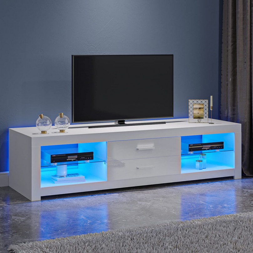 TV Stand Cabinet 2 Drawer 2 Glass Shelves LED Lighted TV Cabinet for 22"-55" Flat Screen 4k TVs (120cm)