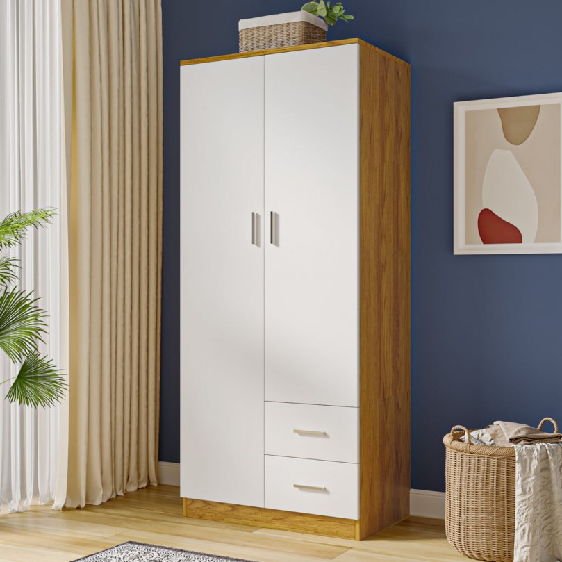 Wooden 2 Door 2 Drawer Wardrobe with Shelf and Hanging Rail Modern Clothes Storage Cupboards Unit for Bedroom Furniture W 77 * D 50 * H 180cm Wooden 2 Door 2 Drawer Wardrobe with Shelf and Hanging Rail Modern Clothes Storage Cupboards Unit for Bedroom Furniture W 77 * D 50 * H 180cm