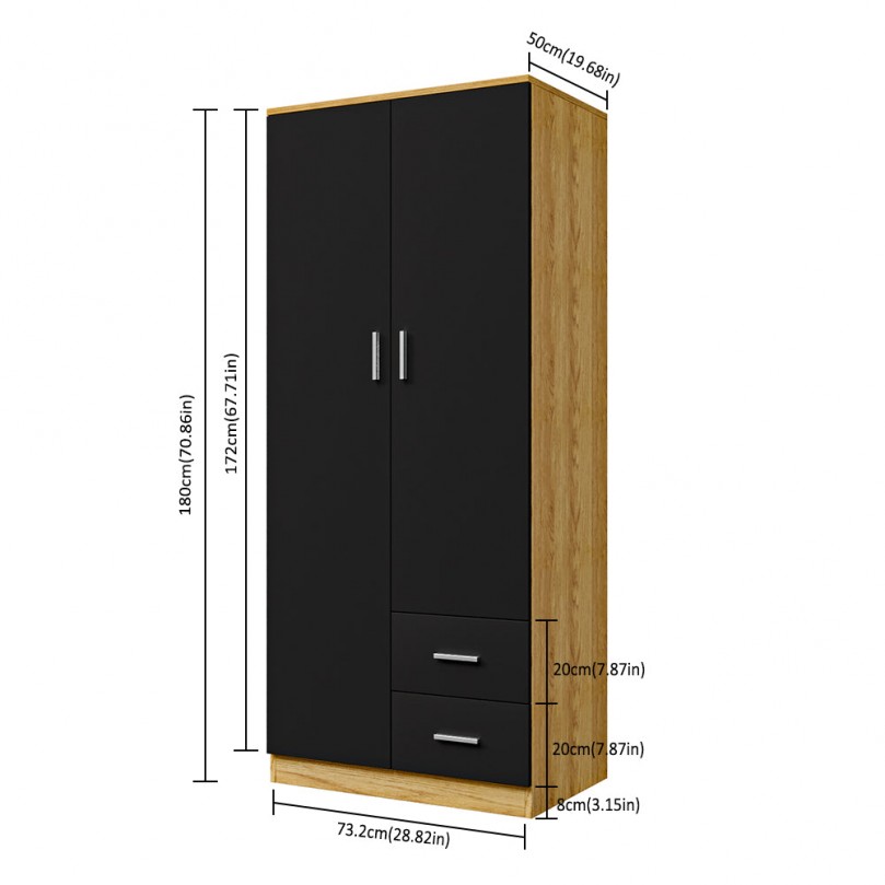 Wooden 2 Door 2 Drawer Wardrobe with Shelf and Hanging Rail Modern Clothes Storage Cupboards Unit for Bedroom Furniture W 77 * D 50 * H 180cm