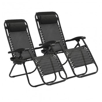 Set of 2 Textoline Sun Lounger Garden Chairs with Headrest Cup and Phone Holder Adjustable Folding Recliner Sunloungers Outdoor Camping Beach