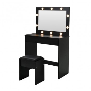 LED Dressing Table Makeup Vanity Table 10 LED Lights Mirror,Vanity Set with Stool&Drawer,Wood Dressing Table 3 Color Lighting Modes