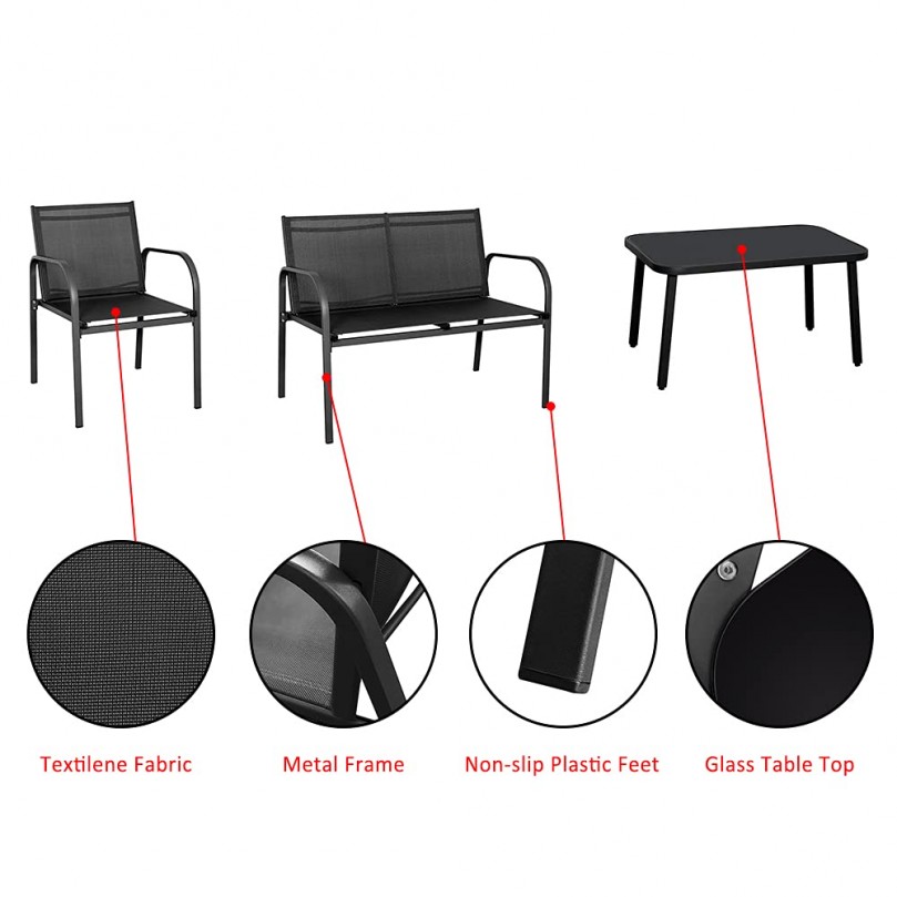 Garden Furniture Set 4 Piece Outdoor Set Tempered Glass Top Coffee Table Chairs with Steel Frame Conversation Balcony Backyard Patio Garden Furniture Set 4 Piece Outdoor Set Tempered Glass Top Coffee Table Chairs with Steel Frame Conversation Balcony Backyard Patio