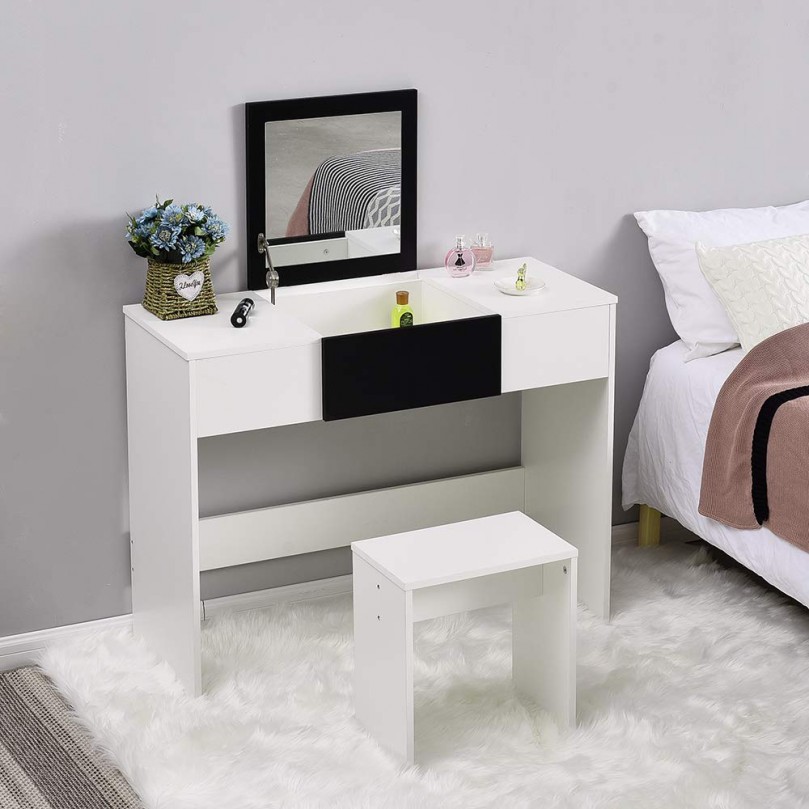 Modern Dressing Table Set with Flip-up Mirror Wood Makeup Table Vanity Console Dresser with Stool Bedroom Furniture Girls Gift