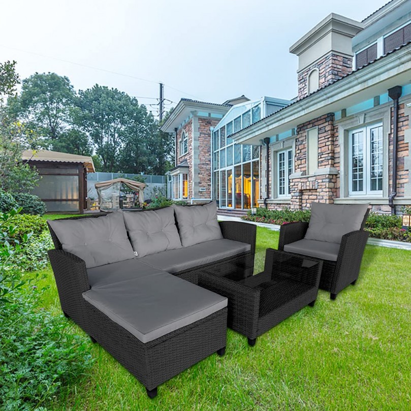 Rattan Furniture Set 5 Seater Lounge Wicker Weave L-Shaped Corner Sofa Set with Coffee Table Single Chair Bench Garden Conservatory Outdoor Patio
