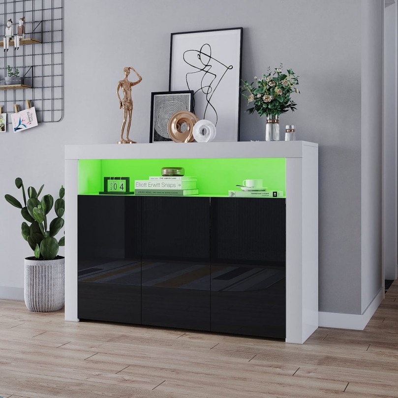 LED Display Sideboards Matt Body & High Gloss Fronts 3 Door Cabinet with Storage Shelf for Living Dining Room Hallway W 130 x D 35 x H 95cm