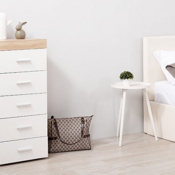 White and Oak Tall Slim Chest of 5 Drawers