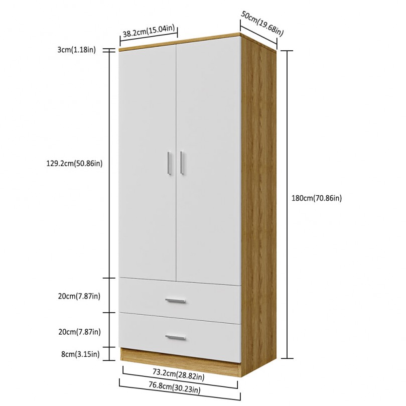 2 Door 2 Drawer Wardrobe with Hanging Rail Wooden Clothes Organizer Storage Cupboards Unit for Bedroom Furniture W 76.8 * D 50 * H 180cm - Custom Alt by Opencart SEO Pack PRO
