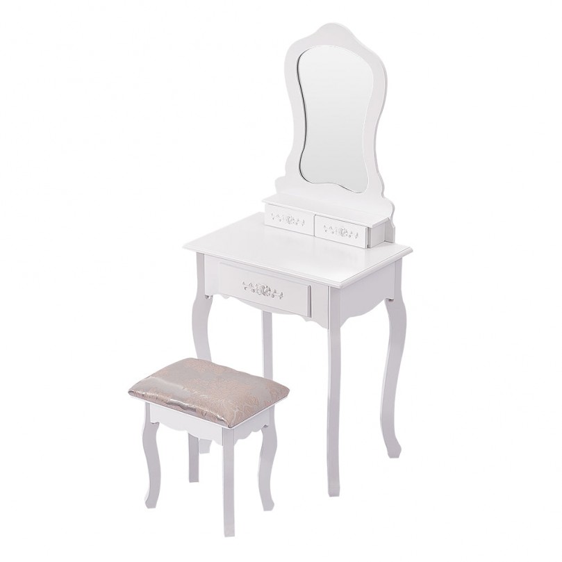 White Dressing Table with Sliding Mirror and Built-in Storage