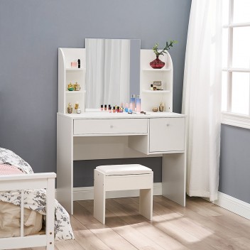Modern white bedroom dressing table set with shelves and drawers