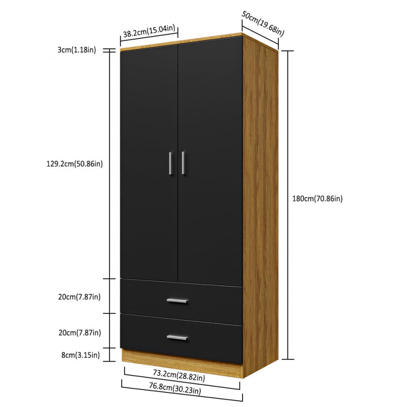 2 Door 2 Drawer Wardrobe with Hanging Rail Wooden Clothes Organizer Storage Cupboards Unit for Bedroom Furniture W 76.8 * D 50 * H 180cm - Custom Alt by Opencart SEO Pack PRO