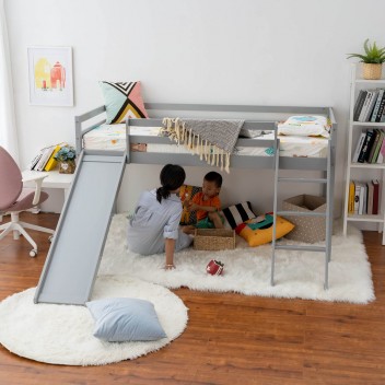 Bunk Bed with Slide, Mide Sleeper Wooden Cabin Bed 3FT Single Bed with Ladder for Kids, Children, Grey, for Kids