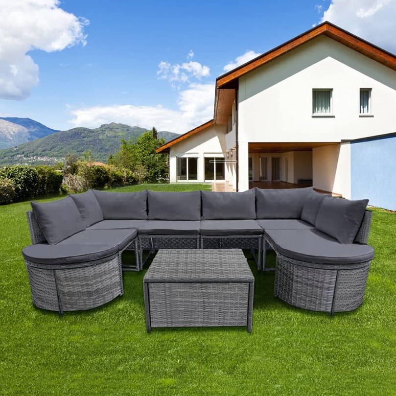 6 Seater Rattan Furniture Set Wicker Weave Sectional Corner Sofa Lounge Set with Coffee Table Stool Garden Conservatory Outdoor Patio Poolside 6 Seater Rattan Furniture Set Wicker Weave Sectional Corner Sofa Lounge Set with Coffee Table Stool Garden Conservatory Outdoor Patio Poolside
