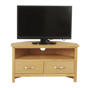 Oak Corner TV Stand with Deep Storage Drawers and Shelves