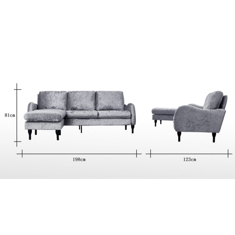 3 Seater Corner Sofa with Footstool - Silver Velvet