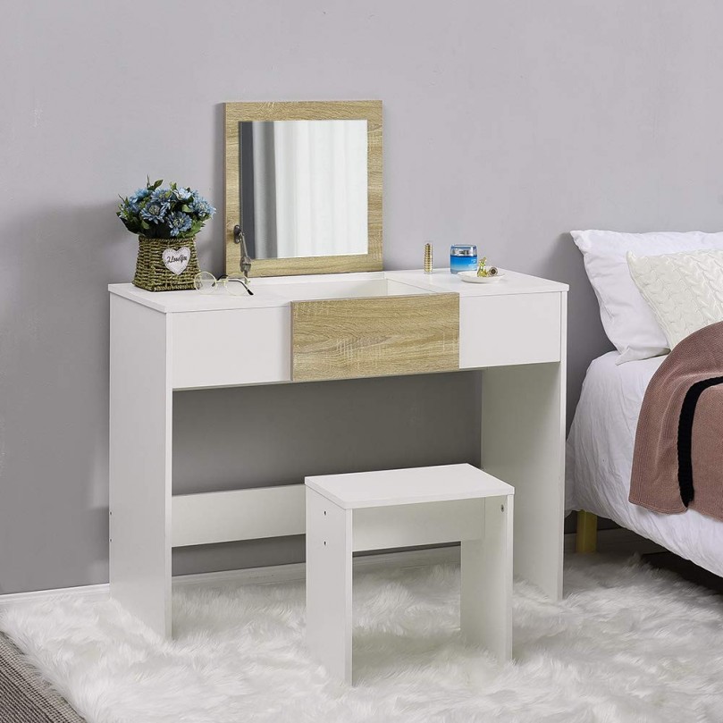 Modern Dressing Table Set with Flip-up Mirror Wood Makeup Table Vanity Console Dresser with Stool Bedroom Furniture Girls Gift