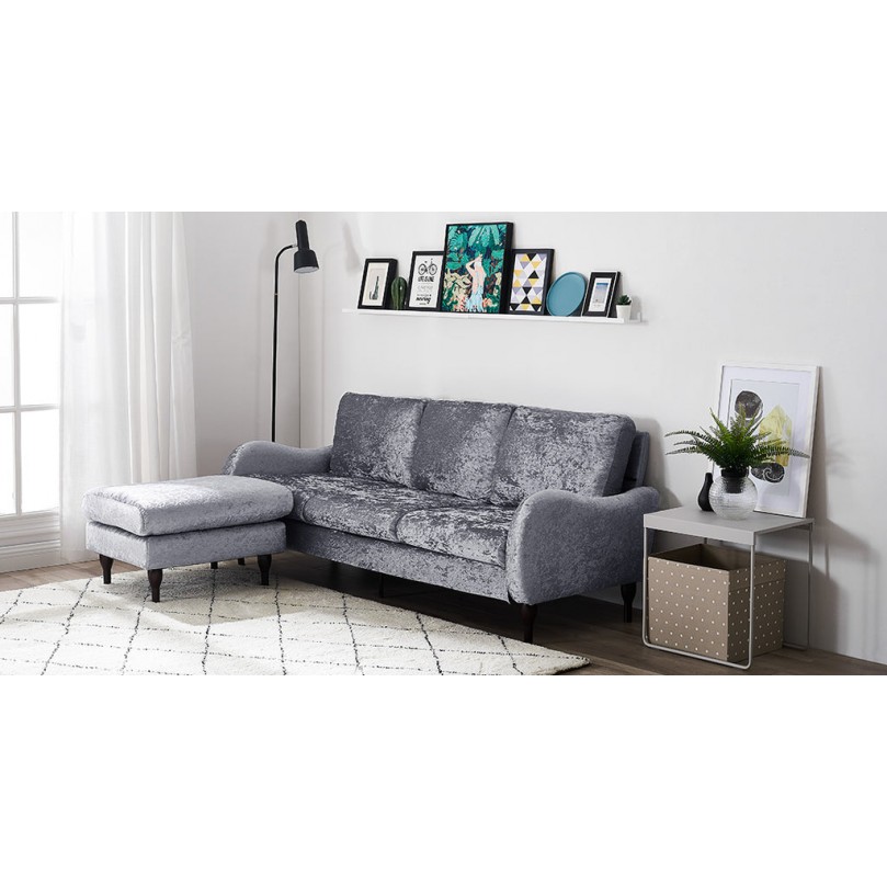 3 Seater Corner Sofa with Footstool - Silver Velvet 3 Seater Corner Sofa with Footstool - Silver Velvet