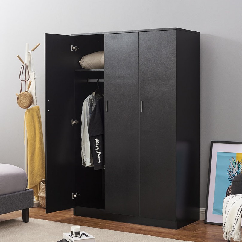 H 180cm D 50 Wooden 3 Door Wardrobe with Shelf and Hanging Rail Modern Clothes Storage Cupboards Unit for Bedroom Furniture W 115.4 Black