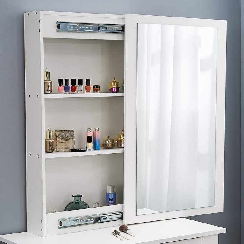 Modern Girls Bedroom Dressing Table Sliding Mirrored Door with 1 Drawer Makeup Desk Cabinet Dresser Vanity Table Bedroom